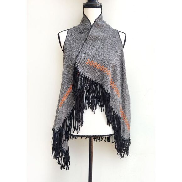 Summer Romero Convertible Fringe Vest/Shawl One Size Gray Black Embroidered - Picture 1 of 12